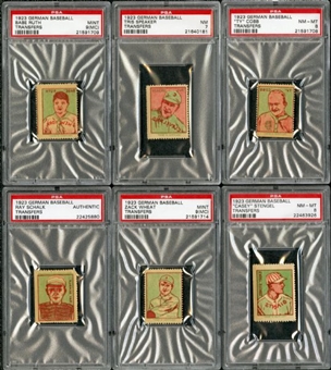 1923 German Transfers Collection of 15 PSA Graded Cards including Ruth and Cobb plus an Uncut Sheet 
